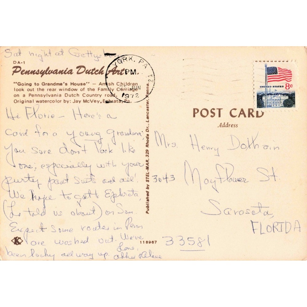 Vintage 1972 Jay McVey Pennsylvania Dutch Amish Carriage Postcard DA-1 York PA - Picture 2 of 2